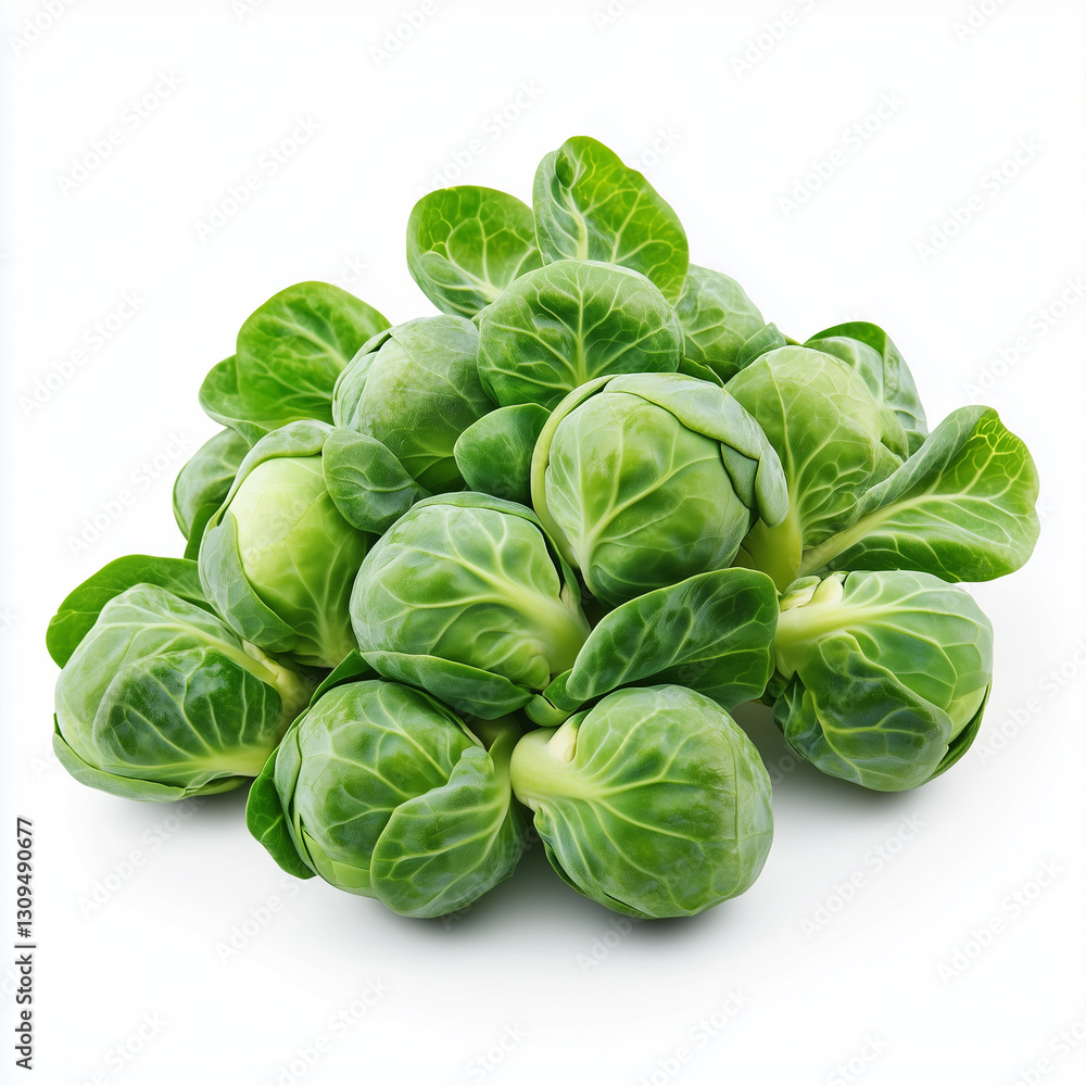 A small cluster of Brussels sprouts with bright green, tightly packed leaves, isolated on a white background A small cluster of Brussels sprouts with bright green, tightly packed leaves, isolated on a white background