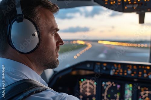 A focused pilot wearing headphones, preparing for takeoff while gazing past the runway illuminated by twilight, emphasizing the thrill and technicality of aviation.