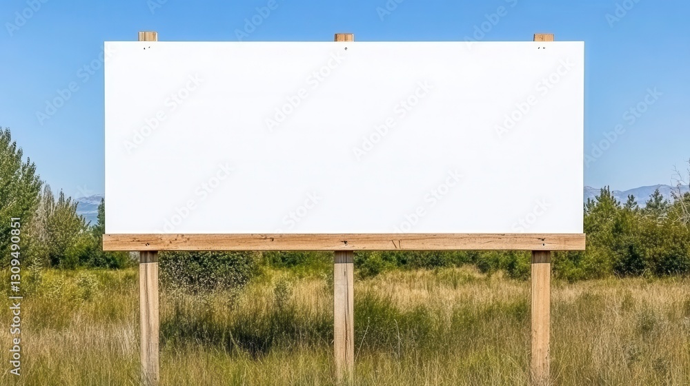 Blank white billboard with wooden frame stands in a rural field under a clear blue sky. Grass and distant mountains are visible. Perfect for your message. Blank white billboard with wooden frame stands in a rural field under a clear blue sky. Grass and distant mountains are visible. Perfect for your message.