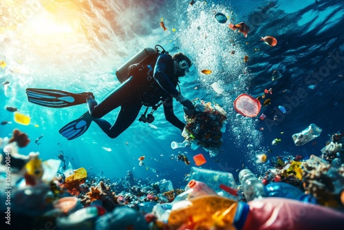 Wallpaper Mural Diver Exploring Underwater Plastic Pollution in Ocean Environment Torontodigital.ca