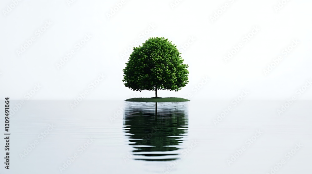 A solitary green tree stands on a small island, reflecting in calm water under a serene, minimalistic backdrop. A solitary green tree stands on a small island, reflecting in calm water under a serene, minimalistic backdrop.