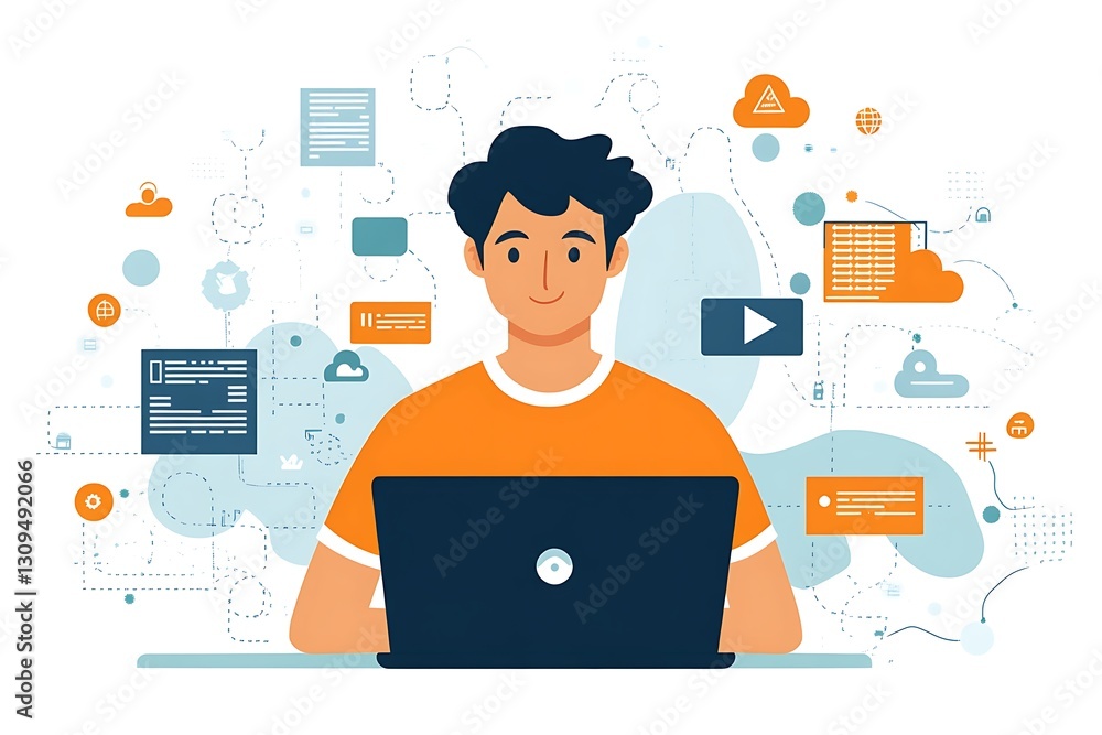 Happy man using laptop, surrounded by digital data. Happy man using laptop, surrounded by digital data.