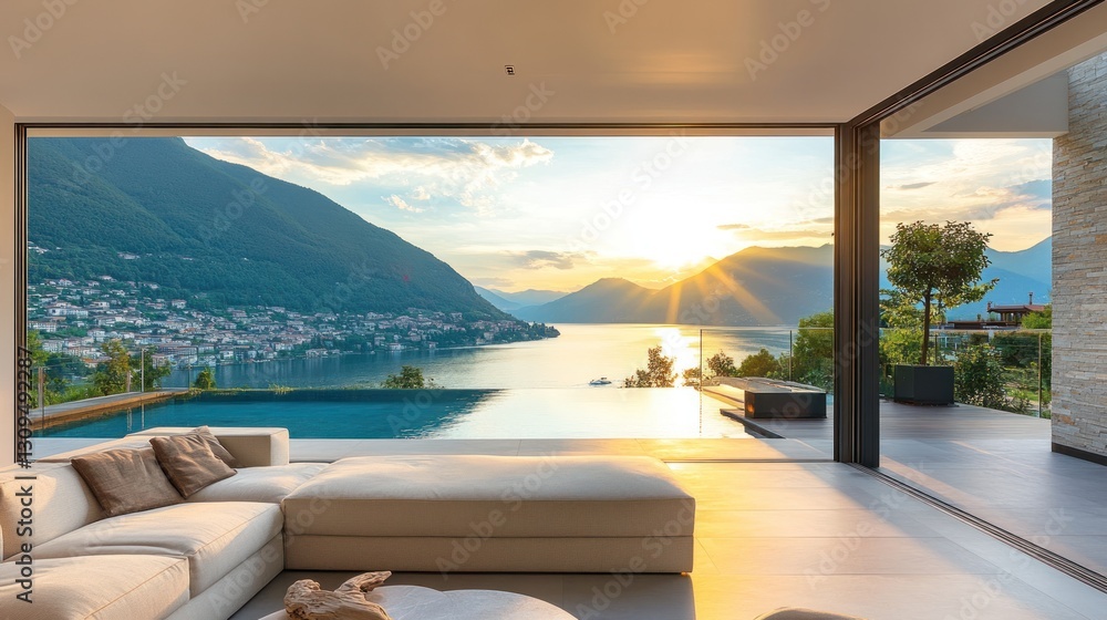 Fototapeta premium Luxury Lakeside Villa with Breathtaking Sunset Views