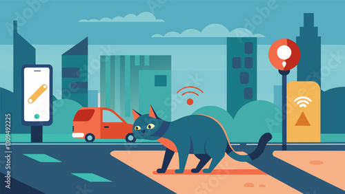 In a bustling city a lost cat is found wandering on a busy highway luckily a passerby receives an emergency alert on their smarch which helps them. Vector illustration