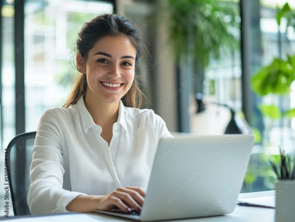 A young woman with a laptop, smiling, wearing a blouse and working in an office environment. A young woman with a laptop, smiling, wearing a blouse and working in an office environment.