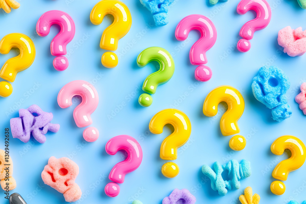 Colorful question marks scattered on blue background. Colorful question marks scattered on blue background.