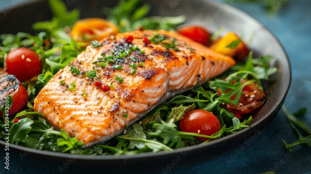 Savor the flavors of a perfectly grilled salmon fillet, topped with herbs, resting on a fresh bed of arugula and garnished with vibrant cherry tomatoes, perfect for a summer feast Savor the flavors of a perfectly grilled salmon fillet, topped with herbs, resting on a fresh bed of arugula and garnished with vibrant cherry tomatoes, perfect for a summer feast