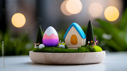 Miniature Easter Scene with Pastel Egg and Tiny Stone House photo