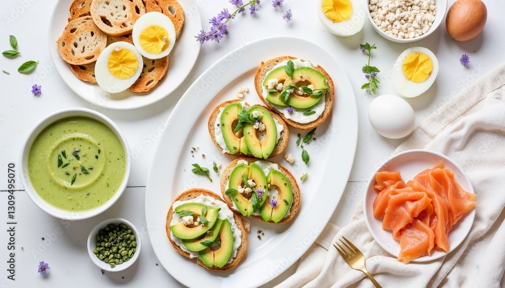 Healthy spring brunch featuring avocado toast, hard-boiled eggs, smoked salmon, green soup, and fresh herbs on a light, elegant table. Healthy spring brunch featuring avocado toast, hard-boiled eggs, smoked salmon, green soup, and fresh herbs on a light, elegant table.