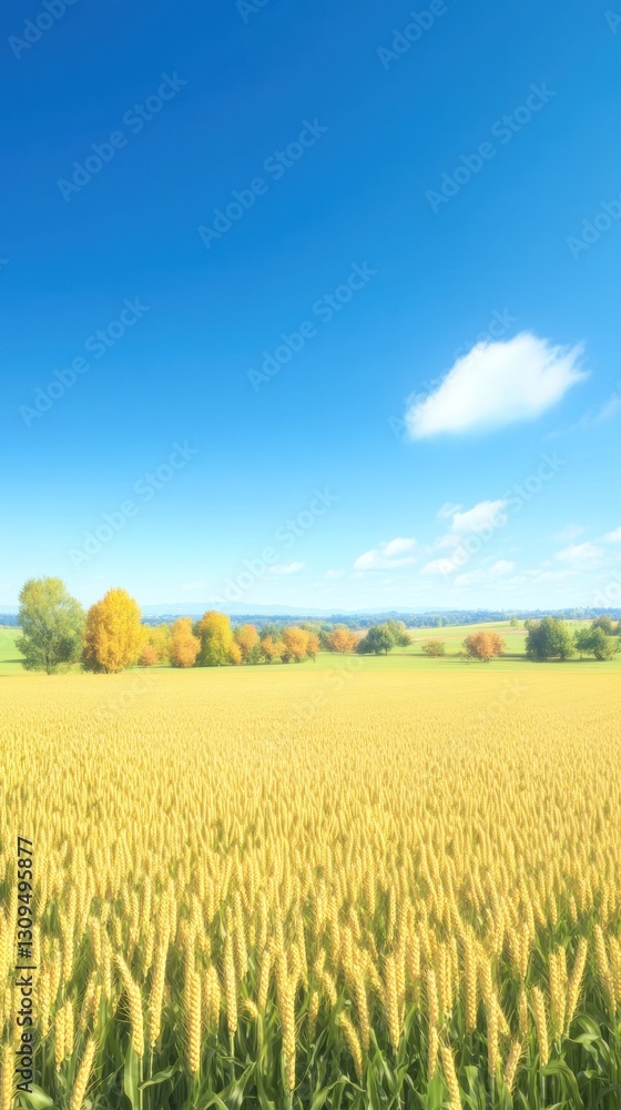 Golden wheat field in summer under blue sky, trees in background. Farming, agriculture stock Golden wheat field in summer under blue sky, trees in background. Farming, agriculture stock