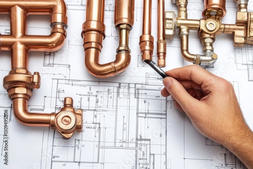 Copper Plumbing Pipes and Fittings on Blueprint with Hand Holding Pen