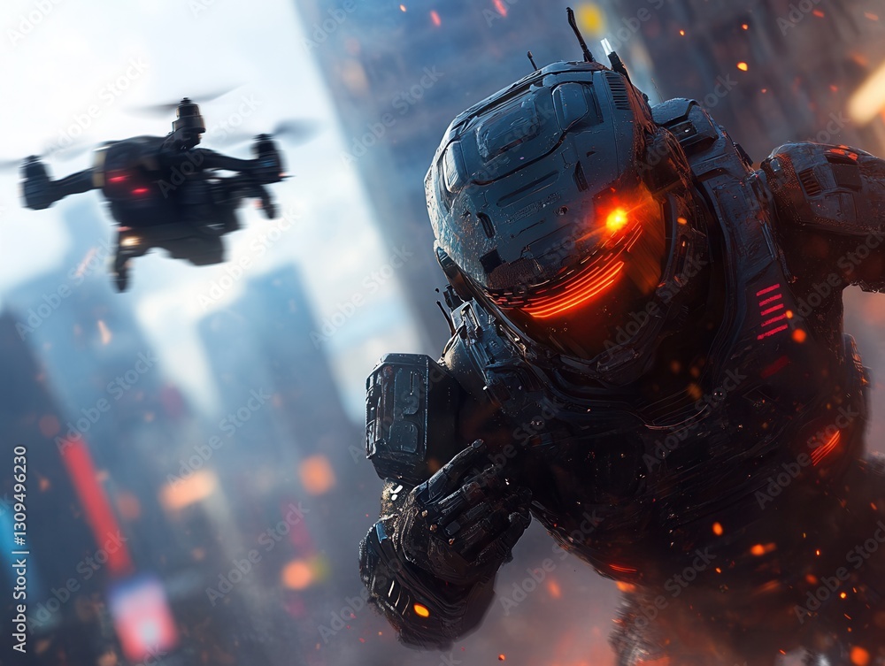 Futuristic robotic fighters engage in a dynamic battle amidst a sprawling neon cityscape. Generative AI Futuristic robotic fighters engage in a dynamic battle amidst a sprawling neon cityscape. Generative AI