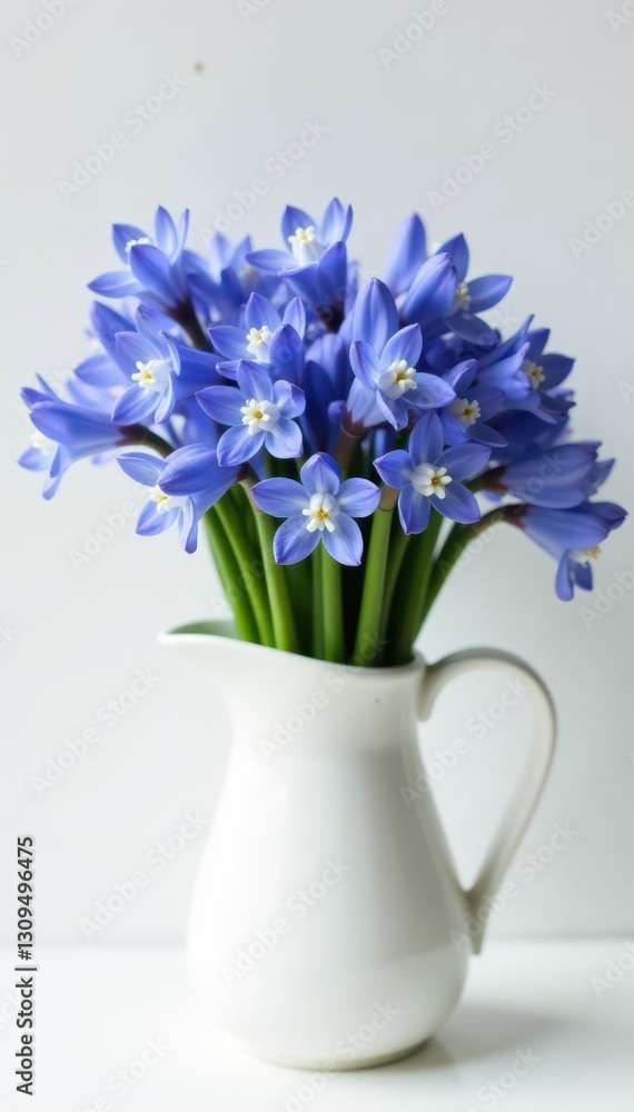 A cluster of vibrant bluebells, nestled in a simple white jug against a stark white backdrop , image, isolated background A cluster of vibrant bluebells, nestled in a simple white jug against a stark white backdrop , image, isolated background
