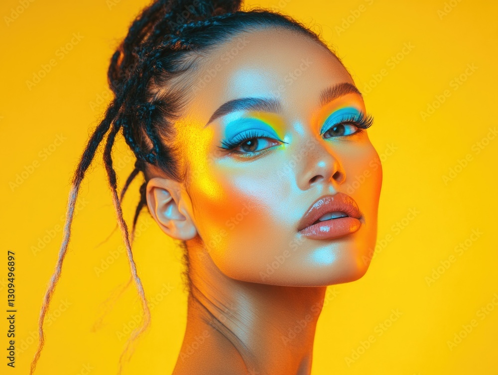 Model wearing vivid makeup against a yellow backdrop, creating a striking and eye-catching portrait. Model wearing vivid makeup against a yellow backdrop, creating a striking and eye-catching portrait.