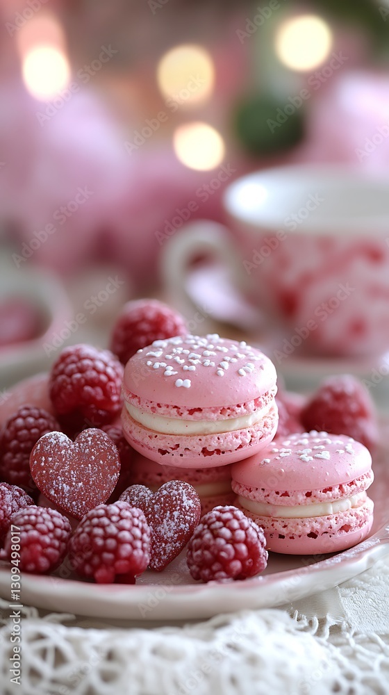Pink macarons and raspberries on a plate. Pink macarons and raspberries on a plate.