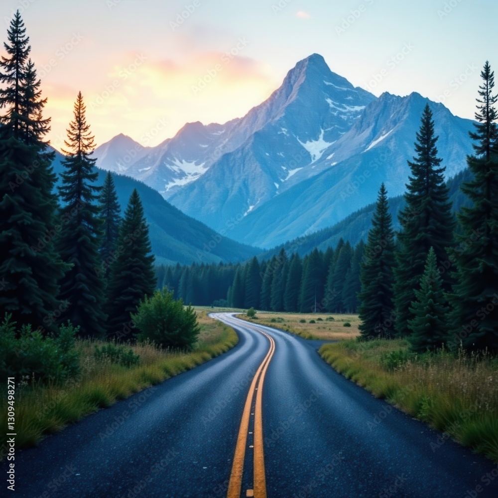 Naklejka premium Asphalt ribbon winds through majestic conifers, mountain backdrop , perspective, breathtaking