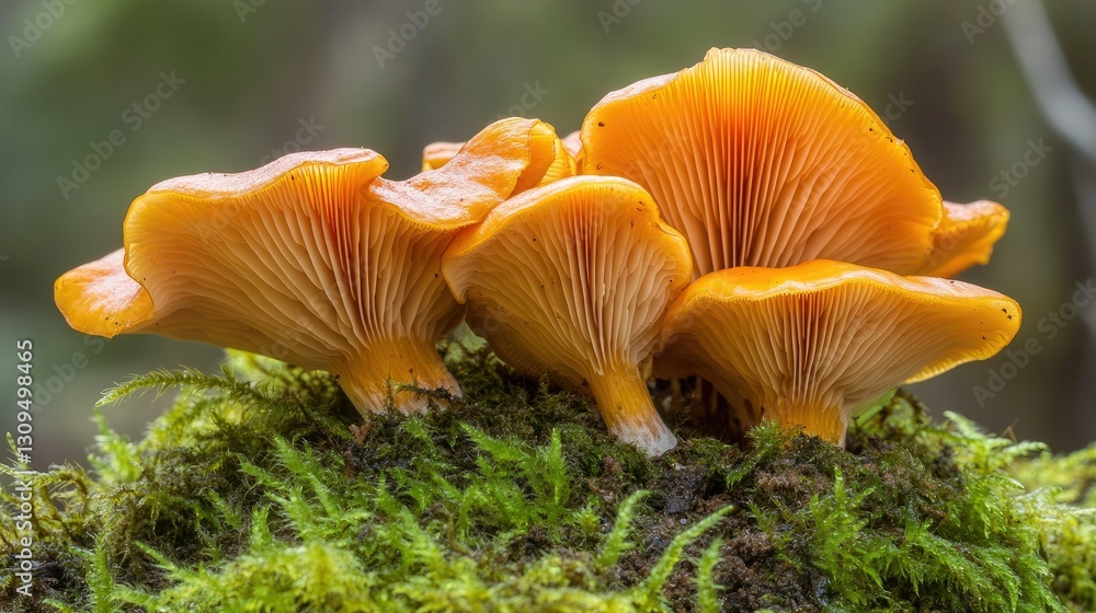 Small group of chanterelle mushrooms pushing through moss, with rich earthy textures. Small group of chanterelle mushrooms pushing through moss, with rich earthy textures.