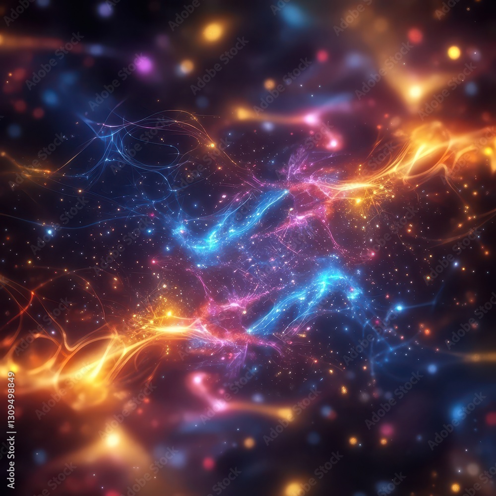 Glowing neon quantum fractals expanding in deep space, abstract physics visualization Glowing neon quantum fractals expanding in deep space, abstract physics visualization