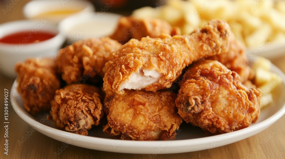 A plate is piled high with delicious, crispy fried chicken pieces alongside vibrant dipping sauces and golden fries, inviting customers to enjoy a tasty meal together A plate is piled high with delicious, crispy fried chicken pieces alongside vibrant dipping sauces and golden fries, inviting customers to enjoy a tasty meal together