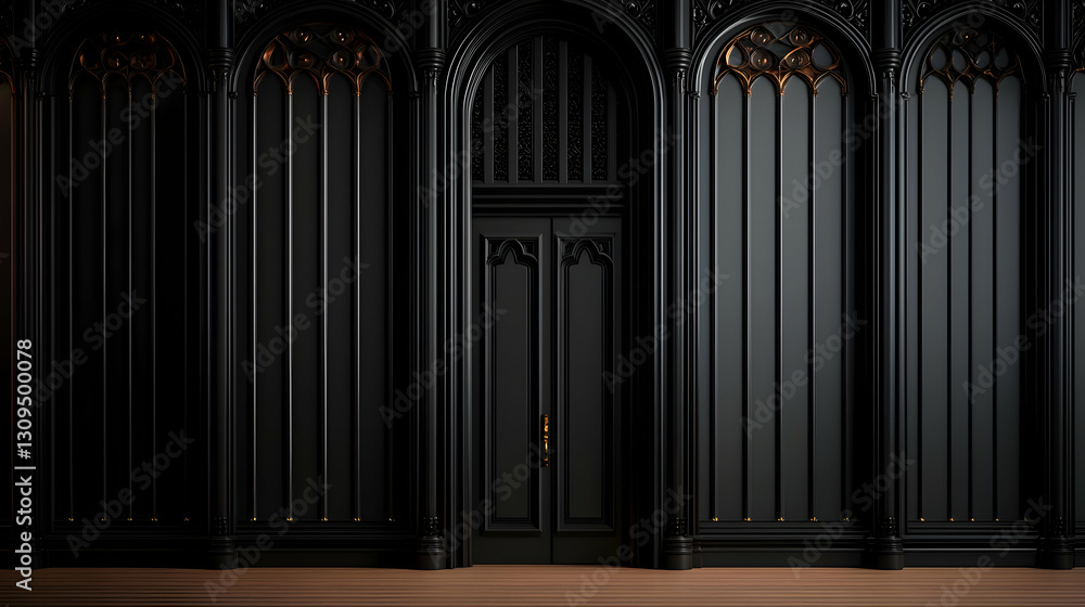 Fototapeta premium Elegant Gothic Interior With Black Wooden Door And Vertical Panels