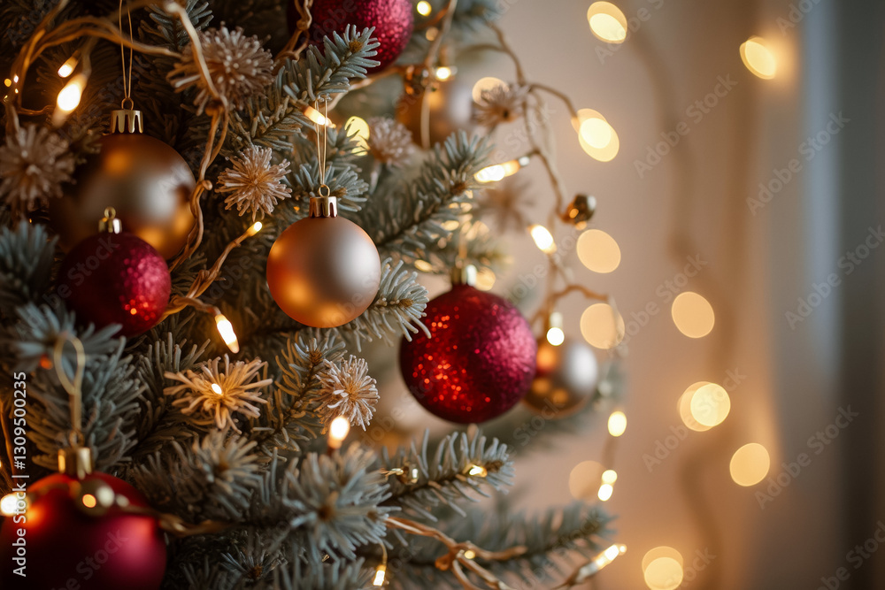 close-up of a decorated christmas tree with gold and red ornaments and warm lighting close-up of a decorated christmas tree with gold and red ornaments and warm lighting