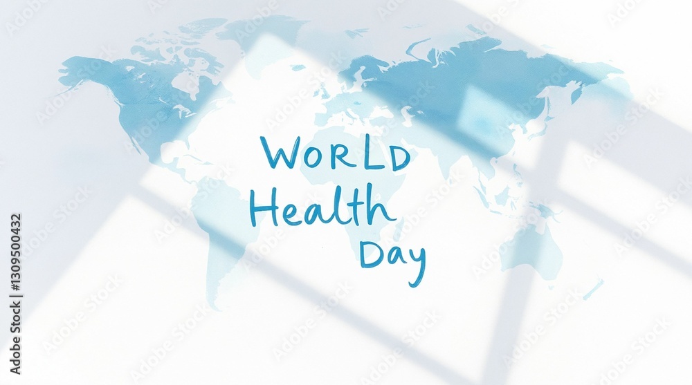 Artistic world map design, promoting World Health Day with vibrant blue hues and playful lettering Artistic world map design, promoting World Health Day with vibrant blue hues and playful lettering