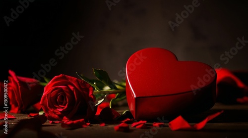 Red heart-shaped box with roses and petals on dark background for romantic concep