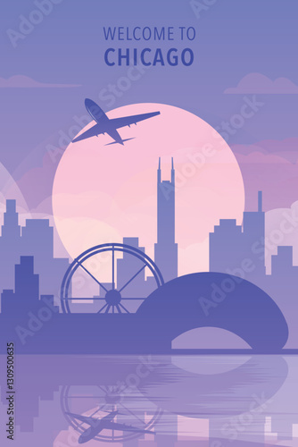 Welcome to Chicago, Illinois, USA. Gradient city poster, card with shapes of skyline, waterfront and airplane. America travel vector illustration, print, graphic