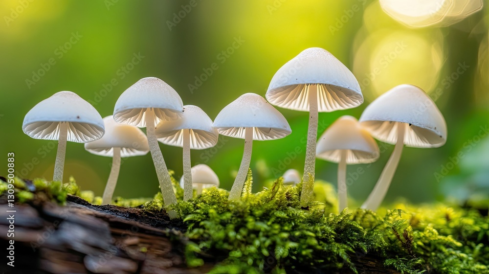 Tiny white mushrooms emerging from a rotting log, nestled in a lush forest with soft sunlight filtering through the trees. Tiny white mushrooms emerging from a rotting log, nestled in a lush forest with soft sunlight filtering through the trees.