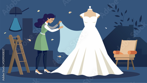 A longlost wedding dress discovered in an attic is given new life with the help of skilled restorers preserving its sentimental value.. Vector illustration