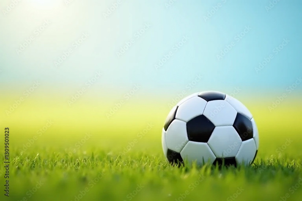 Fototapeta premium Soccer Ball on Green Grass Under a Clear Sky, Perfect for Sports Themes