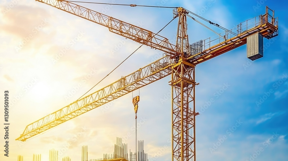 Tower crane at a construction site, captured during golden hour with a stunning sunlit sky. Tower crane at a construction site, captured during golden hour with a stunning sunlit sky.