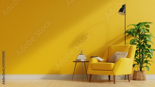 Living room interior with yellow fabric armchair lamp.