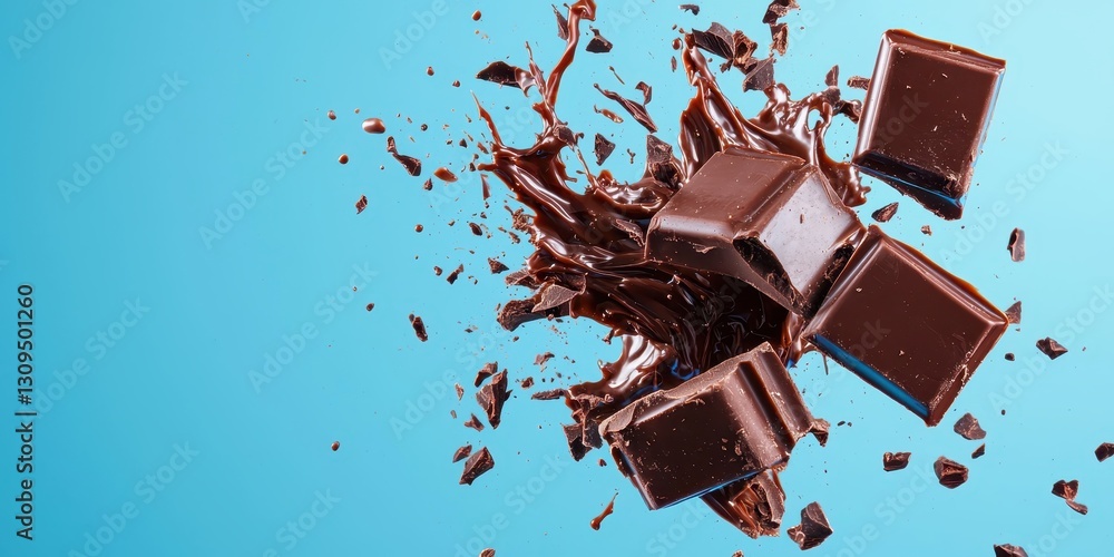 Fototapeta premium Velvety chocolate explosion frozen mid-air on an electric blue background