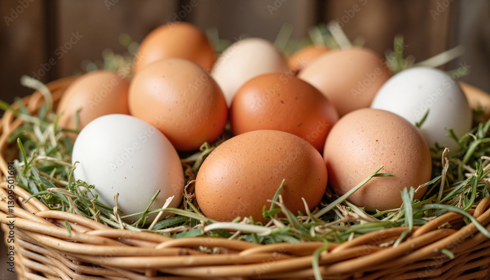 Fresh eggs nestled in rustic basket with hay, farm freshness Fresh eggs nestled in rustic basket with hay, farm freshness