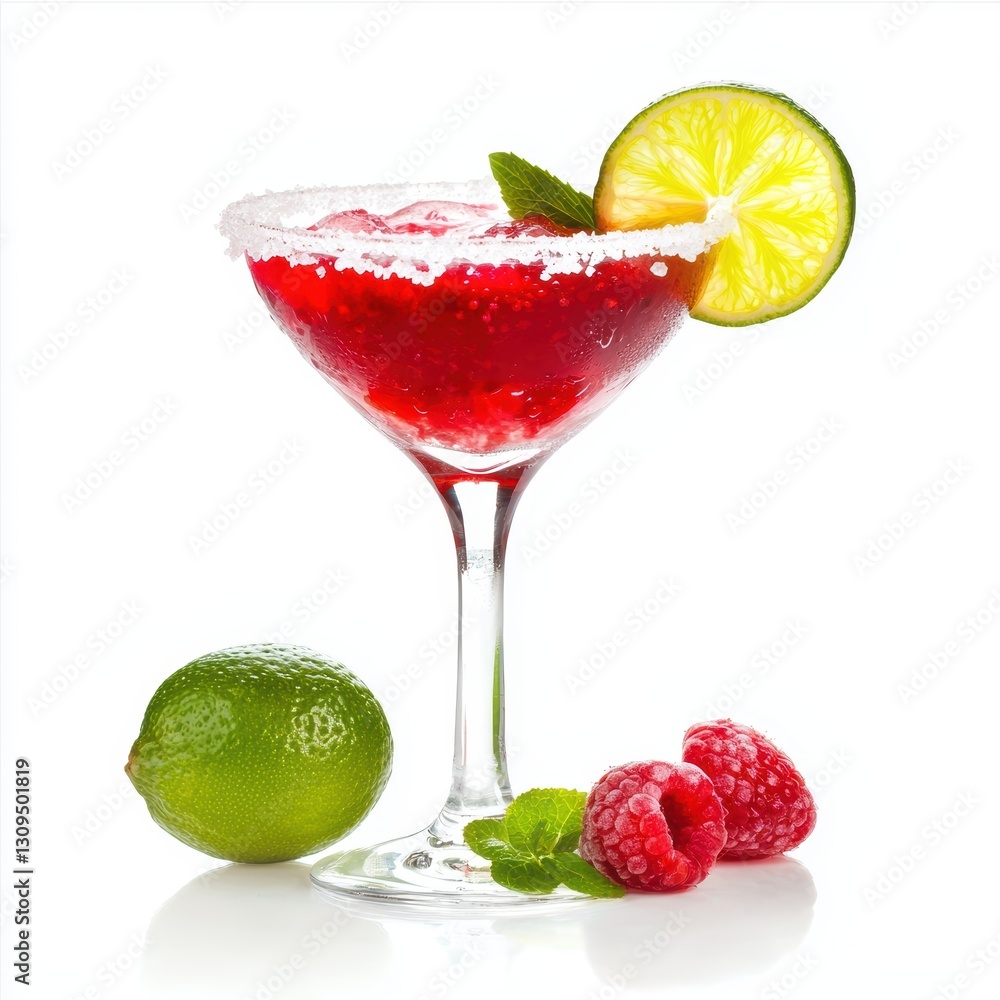 Vibrant raspberry and lime margarita with a sugared rim isolated on white background Vibrant raspberry and lime margarita with a sugared rim isolated on white background