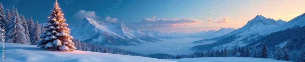 Winter wonderland scene with a snow-covered Christmas tree, mountains, landscape, christmas tree Winter wonderland scene with a snow-covered Christmas tree, mountains, landscape, christmas tree