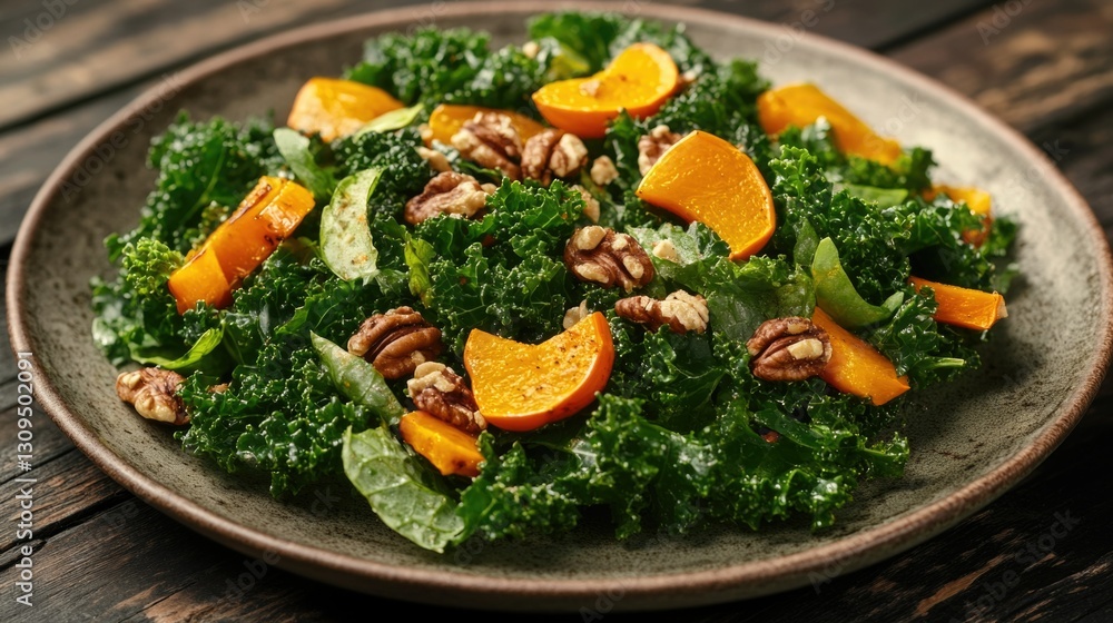 Vibrant kale salad with mixed vegetables, toasted nuts and citrus drizzle. Nutritious and delicious meal.