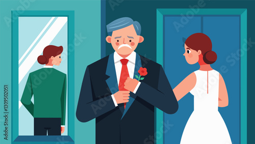 The brides father straightens his tie in the mirror his eyes filled with pride and emotion as he prepares to walk his daughter down the aisle.. Vector illustration