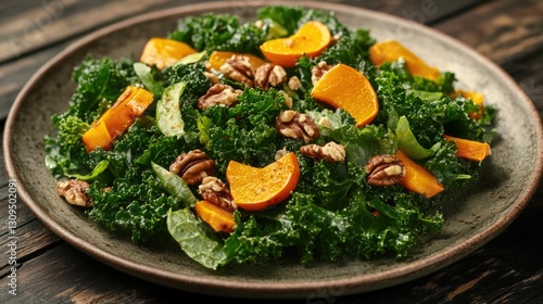 Obraz na płótnie Vibrant kale salad with mixed vegetables, toasted nuts and citrus drizzle. Nutritious and delicious meal. w salonie