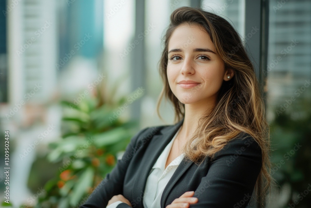 Female executive posing confidently with crossed arms against office backdrop Female executive posing confidently with crossed arms against office backdrop