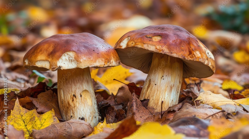 Wild boletus edulis mushrooms partially hidden under fallen leaves, waiting to be discovered. Wild boletus edulis mushrooms partially hidden under fallen leaves, waiting to be discovered.