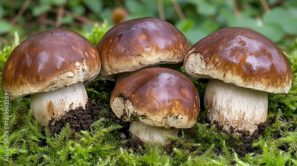 Wild Boletus mushrooms emerging from a bed of green moss, illuminated by golden sunlight. Wild Boletus mushrooms emerging from a bed of green moss, illuminated by golden sunlight.