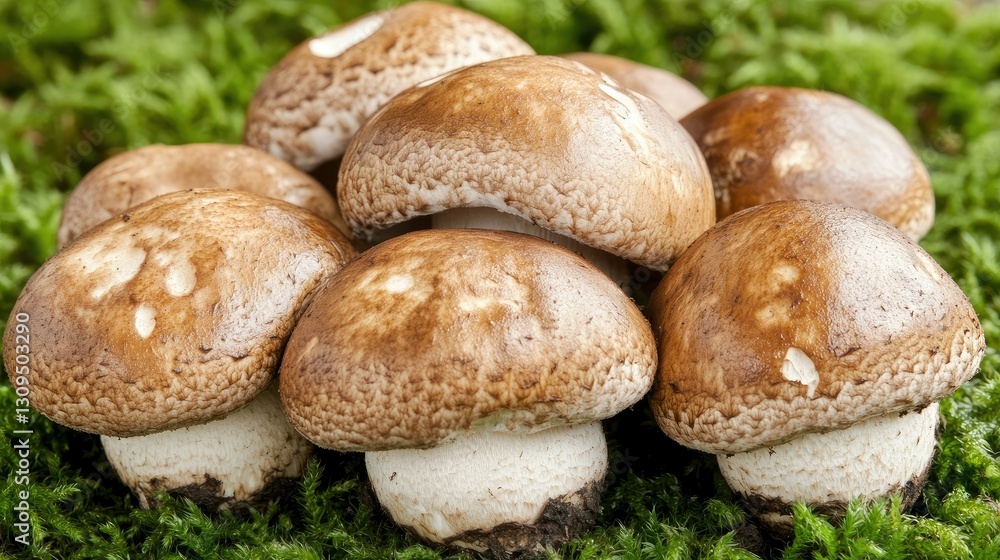 Wild Boletus mushrooms with textured brown caps, sprouting from a thick green moss bed. Wild Boletus mushrooms with textured brown caps, sprouting from a thick green moss bed.