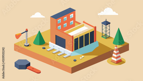 While the architectural model features a pristine polished appearance the actual site showcases the gritty reality of a construction zone with dirt. Vector illustration