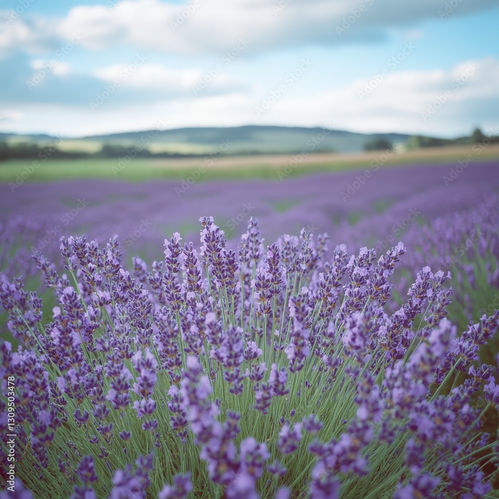 Obraz premium A serene lavender field stretches under a blue sky, showcasing vibrant purple flowers against a backdrop of distant hills.