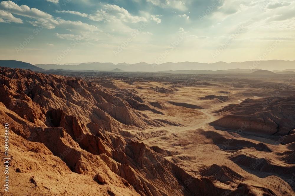 Naklejka premium The vast expanse of a desert landscape under the warm glow of a setting sun, with rocky cliffs and earthy tones dominating the scene.