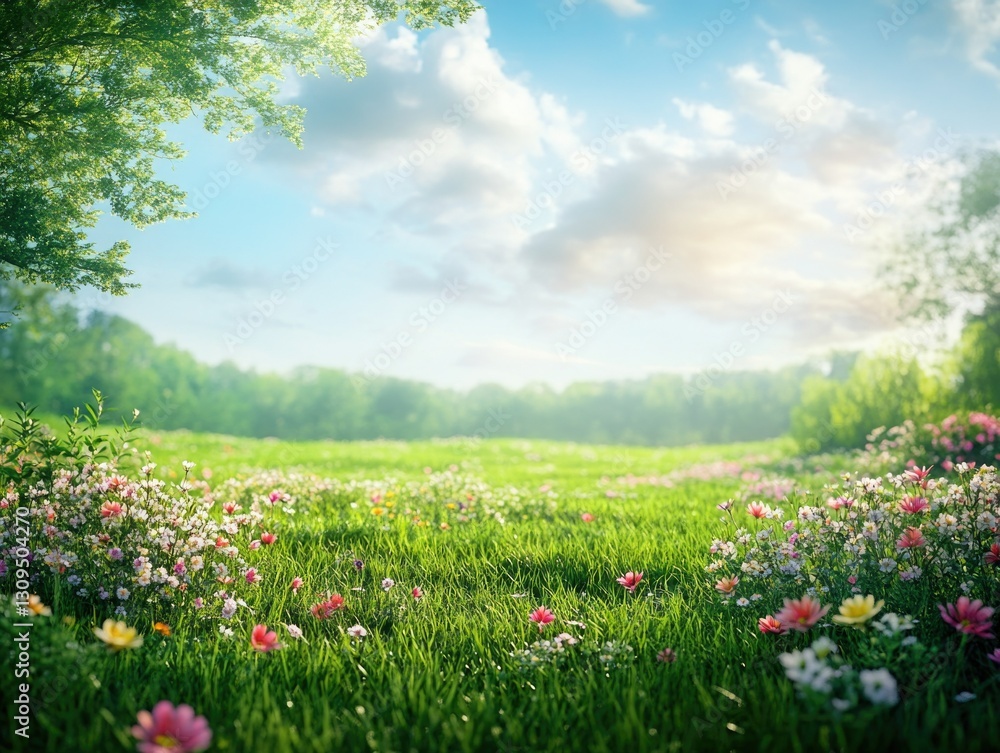 A serene, colorful spring meadow blooming with a variety of wildflowers and grasses under a clear sky. A serene, colorful spring meadow blooming with a variety of wildflowers and grasses under a clear sky.
