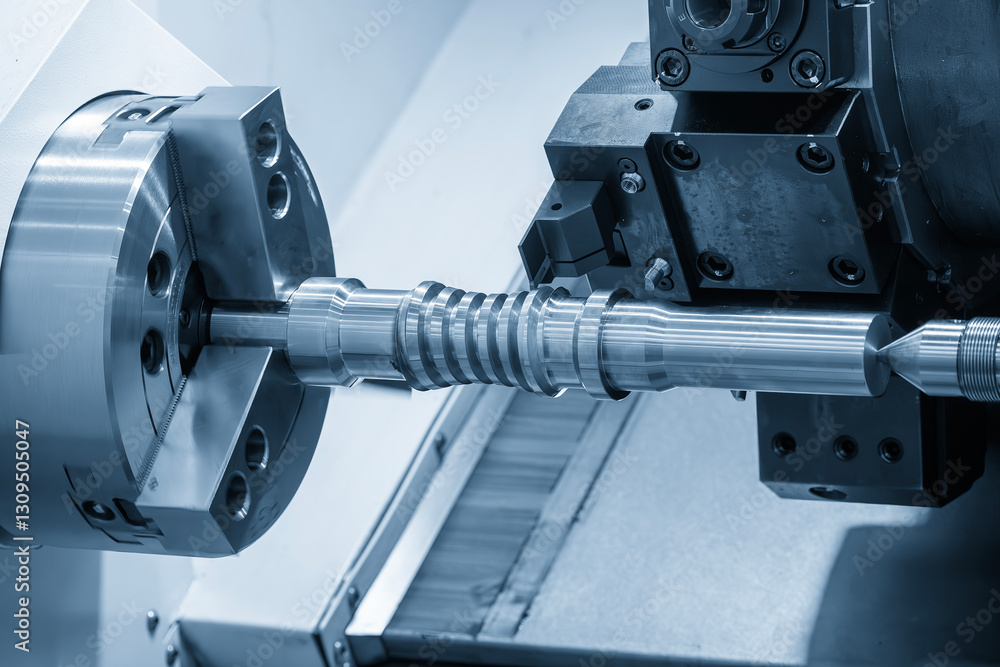 Φωτογραφία The  CNC lathe machine forming  cutting the metal screw shaft parts in the light blue scene