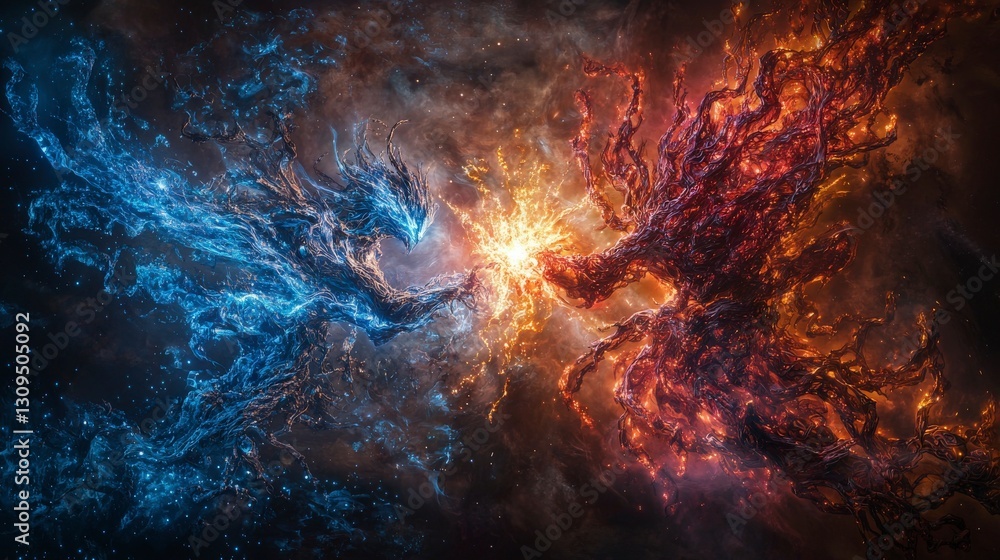 Fototapeta premium Celestial beings clash in cosmic battle outer space digital artwork stellar arena epic showdown